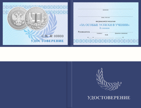 Удостоверение к серебряной медали «За особые успехи в учении» (установленный образец)