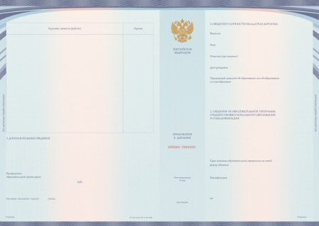 Приложение к Диплому о среднем профессиональном образовании (Приказ №390, №1186)