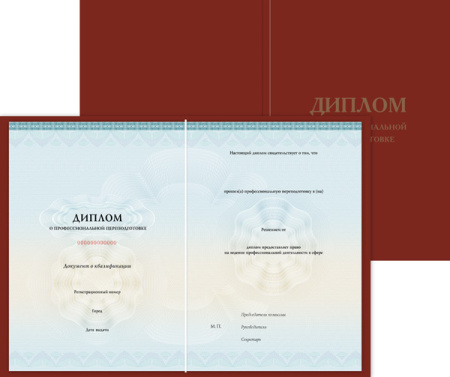 Диплом о профессиональной переподготовке, с твёрдой обложкой (установленный образец)  (Уровень "Б", печать от заказа 16790з, 057пф - п/ф Диплом о проф. переподготовке (флаг, до 1000 ч))