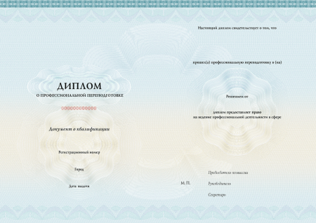 Диплом о профессиональной переподготовке, без твёрдой обложки (установленный образец)  (Уровень "Б", печать от заказа 16790з, 057пф - п/ф Диплом о проф. переподготовке (флаг, до 1000 ч)) Диплом о профессиональной переподготовке, без твёрдой обложки (установленный образец)  (Уровень "Б", печать от заказа 16790з, 057пф - п/ф Диплом о проф. переподготовке (флаг, до 1000 ч))